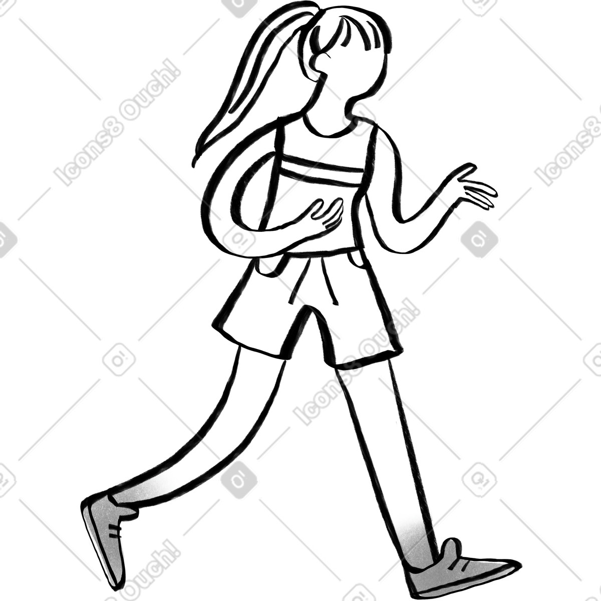 Black and white woman with ponytail running illustration in Company style download in PNG, SVG