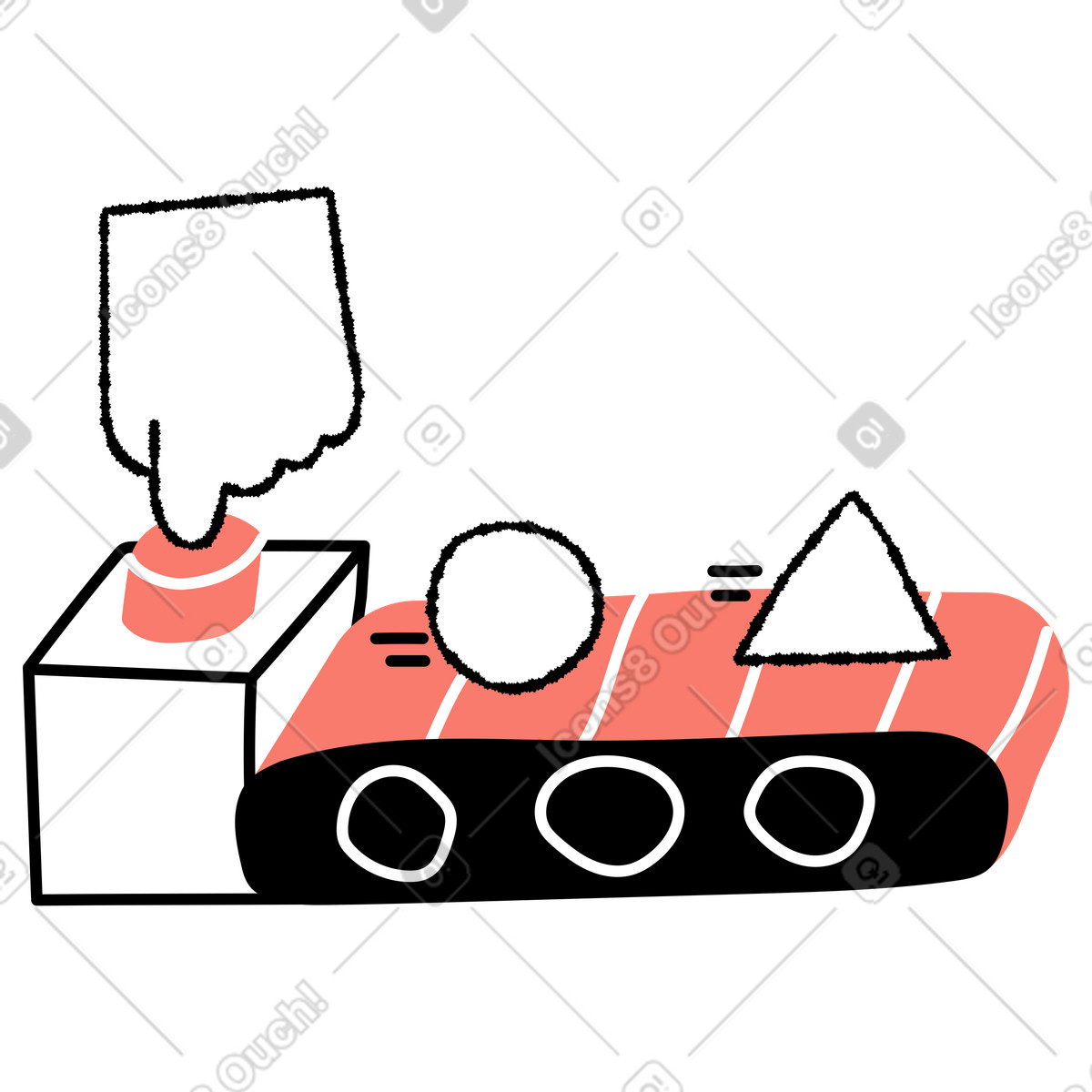 Automation button press starting conveyor belt with moving geometric shapes illustrazione in stile Bold People scarica in PNG, SVG