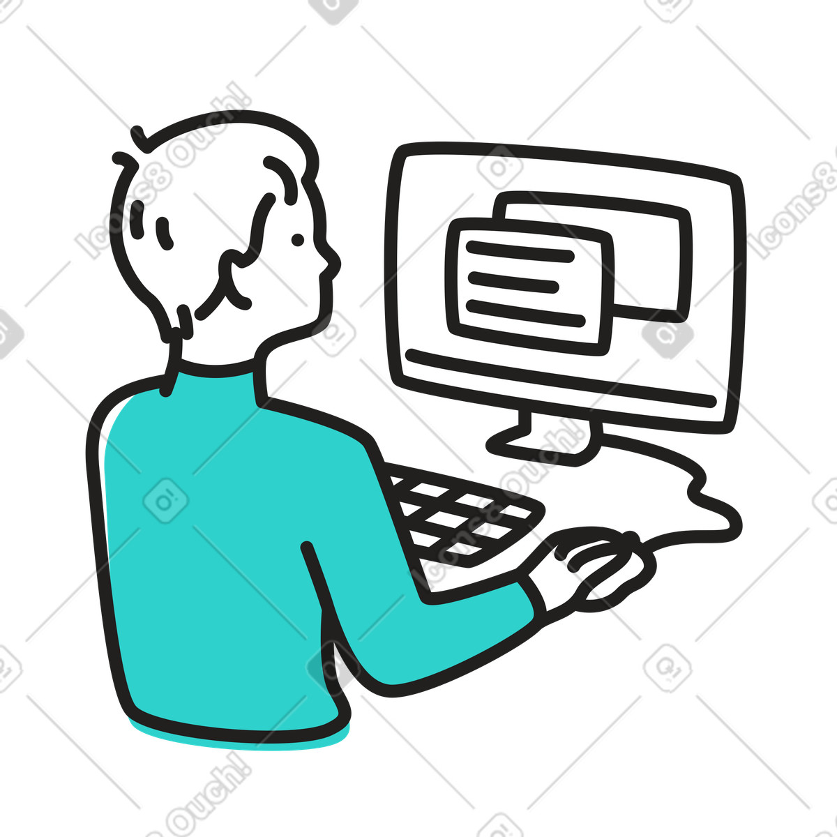Man working on desktop computer illustration in Little style download in PNG, SVG