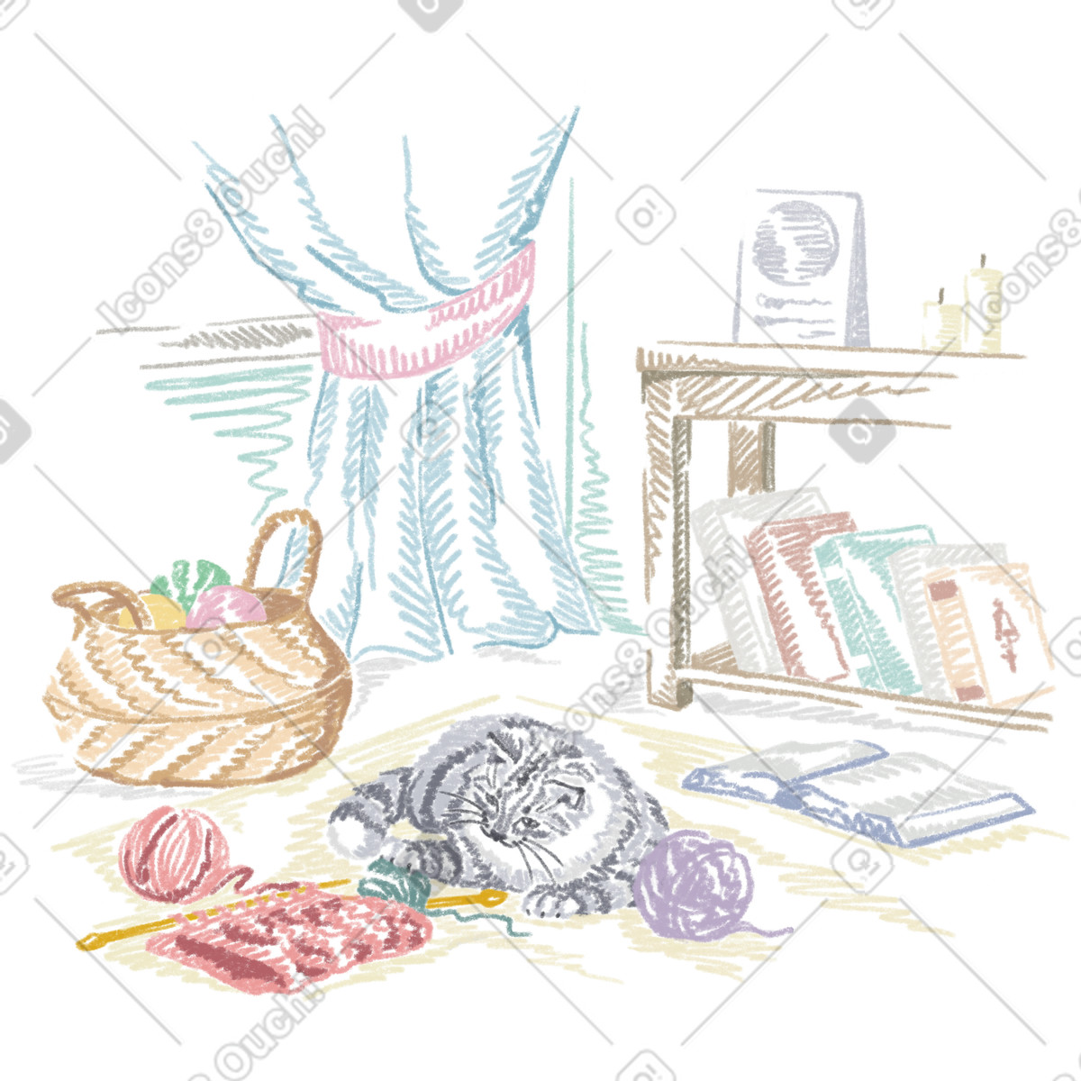 Gattino nella stanza che gioca con un gomitolo di fili per maglieria illustrazione in stile Sketchbook scarica in PNG, SVG
