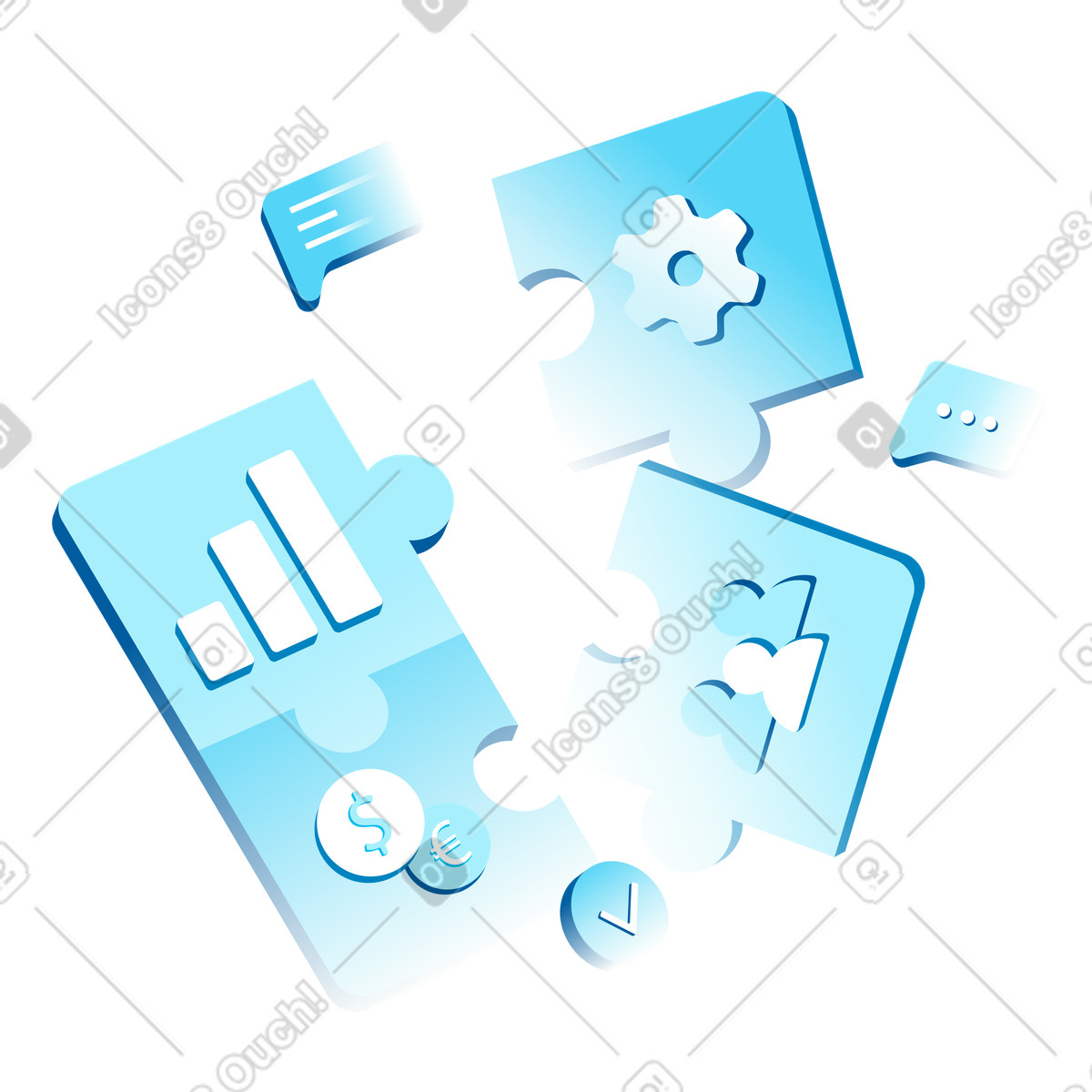 Puzzle pieces with business icons, Teamwork and strategy-Illustration im Icy-Stil als Download in PNG, SVG