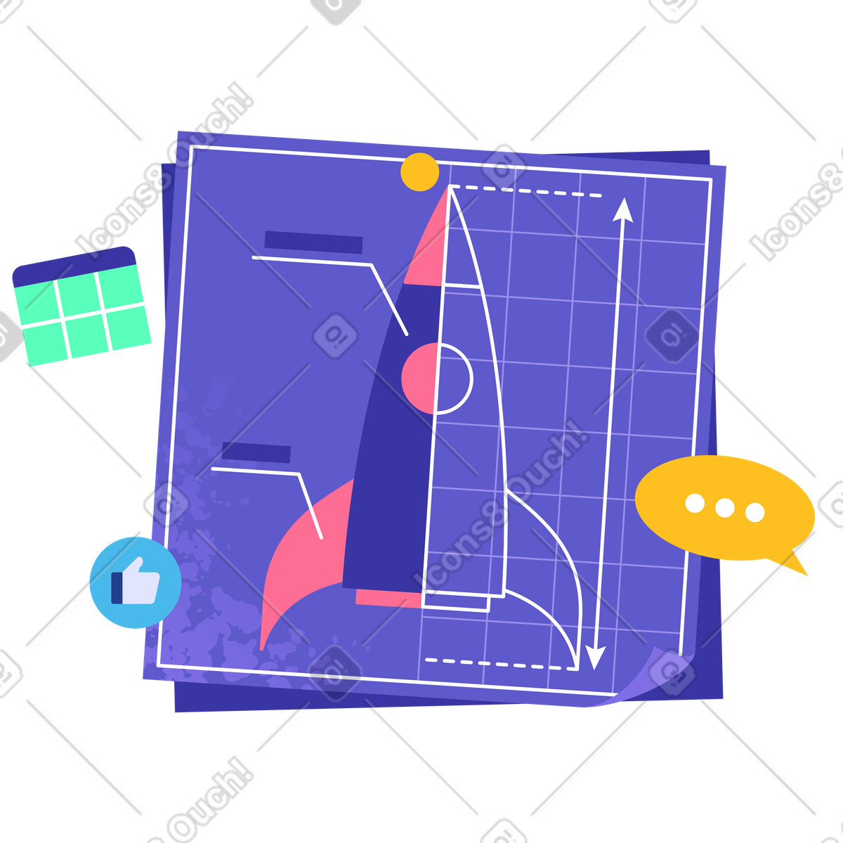 Rocket blueprint on grid paper, product development and prelaunch illustration in PNG, SVG