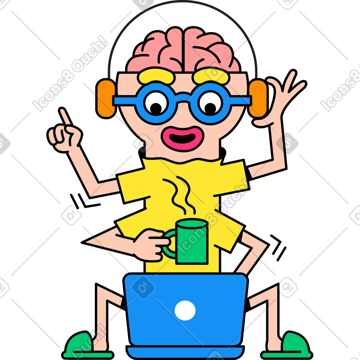Character with a mug working on laptop illustration in Droll style download in PNG, SVG