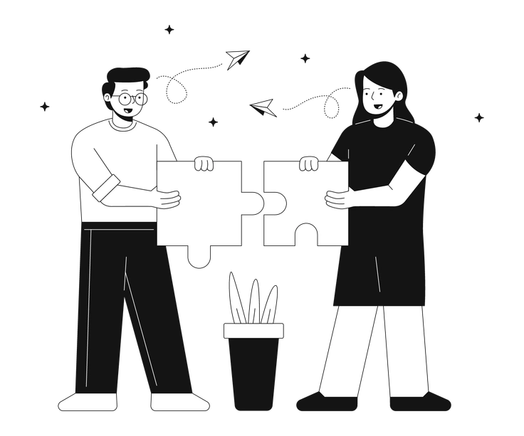 Two people assembling a puzzle together - Teams style illustration