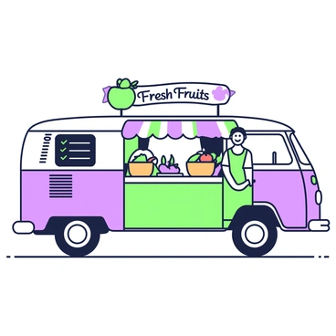 A VW bus is parked on a busy street, transformed into a mobile fruit stand. The bus has its side door open, showcasing an array of fresh produce. Baskets are filled with various fruits such as apples, bananas, and oranges, neatly arranged on the bus's counter. A colorful banner hangs above the bus, with the words "Fresh Fruits" displayed prominently. A cheerful vendor stands behind the counter, wearing an apron, ready to assist customers. To the side, there is a small chalkboard listing the day's special offers. The wheels of the bus are slightly turned, adding to the inviting atmosphere of the scene.
