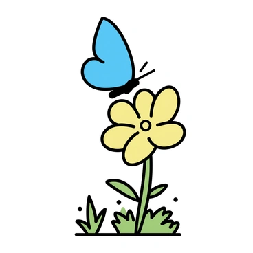 A butterfly with vibrant blue wings is perched on a blooming yellow flower with delicate petals. The flower is supported by a green stem with lush leaves. Surrounding the flower, there are patches of grass and other small plants, creating a natural garden setting. The butterfly is positioned in a resting stance, displaying its colorful wings against the background of the garden.