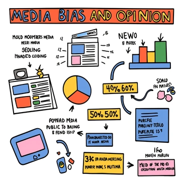 An infographic featuring various statistics about media bias and its influence on public opinion. The graphic includes a bold title at the top that reads "Media Bias and Public Opinion" in large, colorful letters. There are several distinct sections with charts and graphs that visually represent data, such as pie charts showing percentage differences in public perception based on media sources. Icons representing different media outlets, like newspapers, television, and social media platforms, are scattered throughout. Key statistics are highlighted in bright boxes with contrasting colors, making them stand out. The overall layout is organized and easy to read, with arrows pointing to relevant data points for clarity.