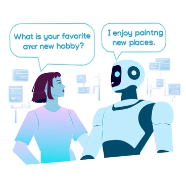 A sleek robot with a shiny metallic body and glowing blue eyes is engaged in a conversation with a human. The human, a young adult with short brown hair and wearing a casual t-shirt, is standing next to the robot. They are facing each other, showcasing an animated exchange. Above them, "speech bubbles" appear, one above the robot reading "What is your favorite hobby?" and the other above the human containing the response, "I enjoy painting and exploring new places." The background features a modern, tech-inspired setting with circuit patterns and digital displays.