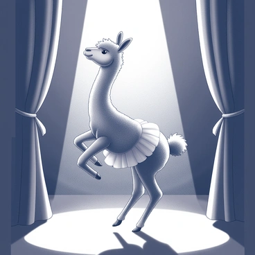 An alpaca standing on its hind legs in a ballet pose, showcasing its graceful movements. The alpaca has a fluffy coat and is wearing a tiny tutu that enhances its performance. The setting is a theater stage, complete with rich curtains drawn to the sides. A bright spotlight shines down on the alpaca, illuminating it against a darker background, creating a focus on its elegant posture and the delicate movements of its limbs. The audience can be subtly implied through silhouettes, highlighting the enchanting atmosphere of the performance.