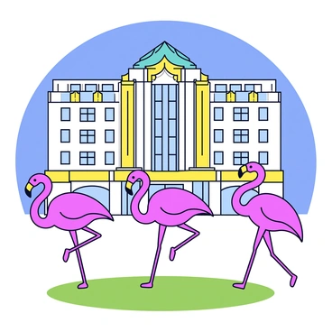 A group of three flamingos with bright pink feathers stands gracefully on one leg. They are walking in front of a grand Art Deco hotel, which features geometric patterns and symmetrical lines. The hotel's facade is adorned with gold and teal accents, showcasing large windows and an elaborate entrance. The flamingos are positioned on a grassy area that contrasts with the hotel's elegant structure. The sky above is a clear blue, allowing the vibrant colors of the flamingos and hotel to stand out.