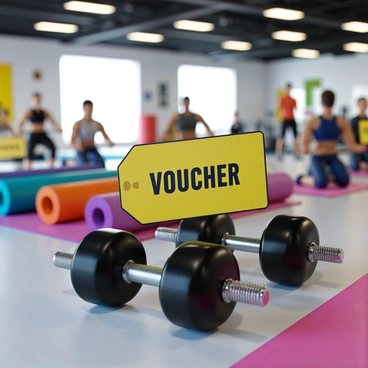A gym voucher prominently displayed in the center of the image. Surrounding the voucher are two shiny black dumbbells with detailed weights visible on their ends. In the background, there is a bright, energetic gym setting featuring various exercise equipment, including colorful yoga mats neatly rolled up. The atmosphere is lively, with gym-goers actively engaged in workouts and motivational posters adorning the walls. The lighting is bright and dynamic, enhancing the sense of activity and energy in the scene.