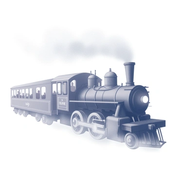 A train billowing steam as it moves through a dense fog. The train appears old-fashioned, with ornate details on its exterior. Spectral figures can be seen inside the train cars, their outlines faint and translucent, suggesting movement and interaction. The surrounding fog swirls around the train, partially obscuring its path and creating an air of mystery. The scene captures the ghostly ambiance with an emphasis on the train's presence amid the thick mist.