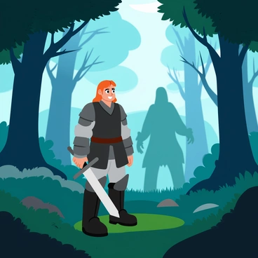 A brave knight named "Aragorn" stands tall with a determined expression. He is dressed in rugged armor and holds a gleaming sword in front of him. In the background, a "mysterious shadowy figure" looms, partially obscured by swirling mist. The forest is dense with tall, dark trees whose branches seem to intertwine. Soft, ethereal mist flows through the underbrush, creating an atmosphere of suspense. Light filters through the leaves, casting dappled shadows on the ground. "Aragorn's" grip on his sword tightens as he prepares to confront the unknown presence.
