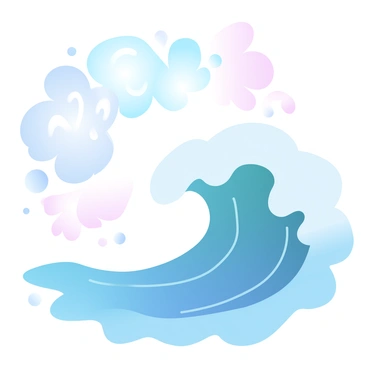 An ocean with large, rolling waves crashing against the shore. Each wave is intricately shaped, transforming into a series of overlapping thought bubbles that float above the water's surface. The thought bubbles are various sizes and feature swirling patterns, representing different ideas and emotions. The colors of the ocean range from deep navy blue to lighter turquoise, creating a gradient effect. The sky above is filled with soft pastel hues, reflecting the calming atmosphere.