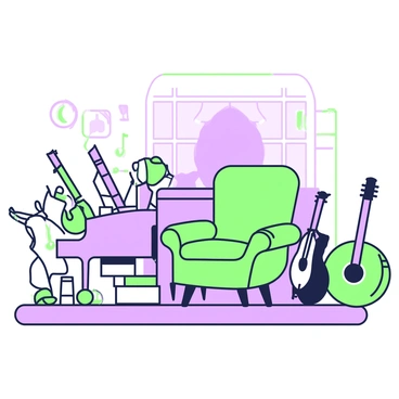 A chair designed to resemble a musical note is positioned in the center of a room. The chair is elegantly crafted, with flowing curves that mimic the shape of a treble clef. Surrounding the chair, various musical instruments are displayed, including a grand piano in the background, a set of drums on one side, and a collection of string instruments, such as violins and a cello, on the other. The room has wooden floors and soft lighting that highlights the instruments and creates a cozy atmosphere.