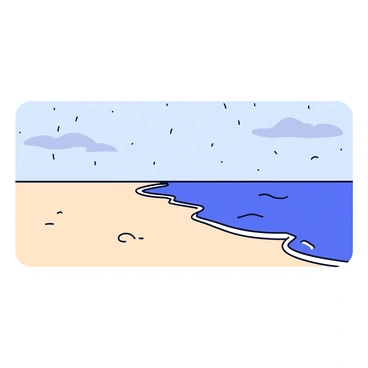 A wide, deserted beach stretches along the shoreline. The sand is a pale beige color, with slight ripples creating texture. Light gray clouds fill the sky, and thin streaks of rain gently fall, creating small splashes on the surface of the ocean. The water is a deep blue, reflecting the overcast sky. Small waves roll in rhythmically towards the shore. There are no footprints or signs of human presence on the beach.