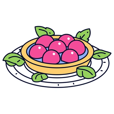A round raspberry tart with a golden-brown crust, filled with vibrant red raspberries. The tart is topped with a glossy raspberry glaze that enhances its shine. It is placed on a decorative white plate with intricate designs around the edge. Surrounding the tart are several fresh green mint leaves, adding a contrasting color and a touch of freshness to the presentation.