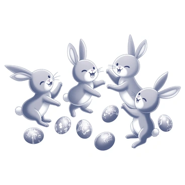 A group of bunnies dancing joyfully. Each bunny has distinct features, such as varying ear shapes and fur patterns. They are positioned in a dynamic arrangement, with some bunnies standing on their hind legs while others are swaying side to side. Surrounding the bunnies, there are several decorated eggs, each with intricate patterns and designs on their surfaces. The scene captures a sense of festivity and movement, with the bunnies' expressions reflecting their enjoyment of the music.