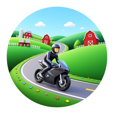 A sports bike rider dressed in a full protective suit and helmet is cruising along a winding country road. The rider is on a sleek, modern motorcycle with a glossy finish. Surrounding the road, there are lush green fields interspersed with quaint farms featuring red barns and white picket fences. The sky above is clear with a few fluffy clouds, and patches of colorful wildflowers line the edges of the road. The scene captures the essence of freedom and adventure in a vibrant rural setting.