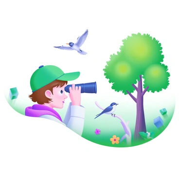 A scene depicting an "enthusiastic birdwatcher" with short brown hair wearing a green cap and a light jacket. The birdwatcher is "peering through binoculars," focused intently on a nearby tree. Surrounding the birdwatcher are "lush green trees" with bright leaves and colorful flowers blooming on the ground. In the background, various birds can be seen perched on branches, with one bird flying overhead, all contributing to the vibrant atmosphere of the park.