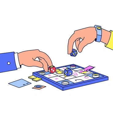Two hands are reaching towards a pair of colorful dice resting on a game board. The dice are in mid-toss, one showing a red six and the other a blue three. The game board features various shapes and colors, with cards and game pieces scattered around it. The hands belong to players who are leaning slightly forward, their expressions full of excitement and anticipation. One hand has a wristwatch, and the other is adorned with a bracelet. The players’ faces, visible in the background, show distinct expressions of eagerness and concentration.