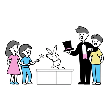 A magician pulling a rabbit out of a hat on a small stage, surrounded by amazed children