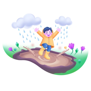 A child joyfully jumping into a large, muddy puddle with water splashing in all directions. The child is wearing bright yellow rain boots and a matching raincoat. The scene is filled with raindrops falling from the gray clouds above. Nearby, there are vibrant green grass and colorful flowers peeking through the mud. The child's expression is one of pure delight, with a big smile and arms raised in excitement. The muddy puddle reflects the surrounding environment, creating a lively atmosphere.