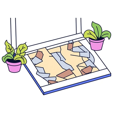 A rectangular doormat featuring a simple geometric pattern made up of interlocking triangles and squares. The colors of the pattern are various shades of beige, gray, and soft brown, creating a harmonious blend. The doormat has a textured surface, providing a subtle contrast to its sleek design. It is placed on a wooden porch, surrounded by potted plants.
