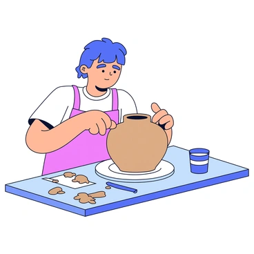 A potter is focused on shaping a medium-sized ceramic vase on a pottery wheel. The potter has their hands molded around the wet clay, gradually forming the vase's contours. Surrounding the pottery wheel are various clay splatters, showcasing the creative process. A small container of water is placed nearby, and tools for carving and smoothing the clay are scattered on the work surface. The potter is wearing a simple apron, and their hands are covered with bits of clay.
