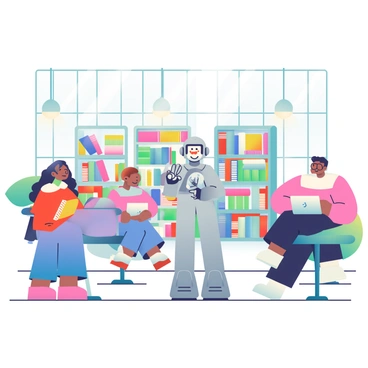 An AI agent in the form of a sleek, silver robot with a friendly face is standing next to a tall bookshelf in a large, modern library. The library has high ceilings and large windows allowing natural light to fill the space. The AI is gesturing towards a shelf filled with colorful book spines, while a diverse group of people, including a young woman with curly hair and an elderly man with glasses, are attentively listening. There are several round study tables scattered throughout the room, each with students working on laptops and reading books. The floor is made of polished wood, and modern pendant lights hang from the ceiling, illuminating the area.