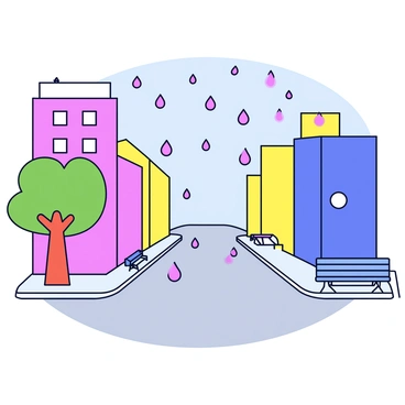 A city street with smooth, gray pavement reflecting light. Red raindrops are falling from a clear sky, landing on the ground and creating small splashes. The buildings lining the street are simple and cartoonish, with rectangular shapes and bright colors. A single tree with a green canopy stands at the edge of the sidewalk. A pair of empty benches are placed along the street. The overall scene is vibrant and visually striking, with a focus on the unique red raindrops.