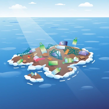 Aerial view of a patch of floating debris on the ocean surface. The debris consists of various items such as plastic bottles, small pieces of wood, and tangled fishing nets. The surrounding ocean water is a deep blue, with gentle waves creating a rhythmic pattern as they lap against the debris. Sunlight glimmers off the water, casting reflections around the floating items. In the distance, there are hints of the horizon where the water meets the sky, which is a clear blue with a few wispy clouds.