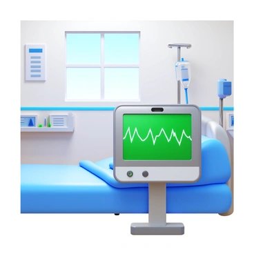 A heart monitor displaying vital signs with a green screen showing fluctuating heart rate lines. The monitor is placed on a silver stand beside a hospital bed. The hospital room features white walls and a window with natural light coming through. There is a medical chart hanging on the wall and various medical equipment near the bed. An IV drip is visible, connected to the bed.