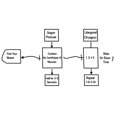 A minimalistic drawing of a flowchart illustrating the steps involved in performing a basic Kegel exercise routine. The flowchart contains several boxes connected by arrows. The first box is labeled "Identify Pelvic Floor Muscles." The second box states "Empty Your Bladder." The third box says "Find a Comfortable Position." The fourth box indicates "Contract Pelvic Floor Muscles." The fifth box reads "Hold for 3-5 Seconds." The sixth box says "Relax for Equal Time." The final box states "Repeat 10-15 Times." Each box is clearly defined and spaced evenly within the flowchart.