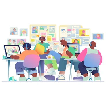 An animation studio is filled with activity and energy. In the foreground, a female animator with curly hair and glasses is focused on her computer screen, displaying colorful character designs. To her left, a male animator with short hair wearing headphones is sketching storyboards on a tablet. In the background, a group of animators is gathered around a large wall covered in vibrant post-it notes and drawings, discussing ideas. There are large monitors showcasing different animated scenes and characters. Various art supplies, including markers and sketchpads, clutter the desks. The walls are adorned with artwork from past animated films, enhancing the creative atmosphere of the studio.