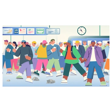 A bustling subway station floor is filled with a steady stream of commuters. Men and women of various backgrounds are hurrying past, some glancing at their phones while others engage in conversations. The floor is scattered with crumpled newspapers, a few of which display headlines that are partially visible. There are signs for train schedules mounted on the walls, and a large, round clock hanging above the crowd. The atmosphere is lively, with the sound of footsteps echoing throughout the station.