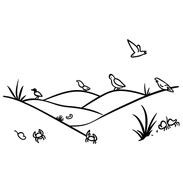 A coastal dune landscape featuring rolling sand dunes with scattered patches of sea oats swaying gently. Several small crabs are positioned along the base of the dunes, partially buried in the sand. A variety of shorebirds are depicted in mid-flight above the dunes, with some perched on the tops of the dunes, while others are seen foraging along the shoreline. The scene captures the texture of the sand, the movement of the sea oats, and the dynamic presence of the wildlife.