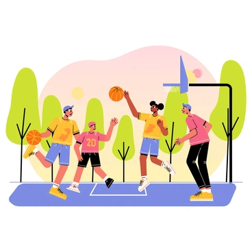 A group of four friends is playing basketball on an outdoor court. The court is surrounded by tall trees with green leaves. One friend is dribbling a bright orange basketball while another is jumping to block the shot. The third friend is standing near the three-point line, ready to receive a pass, and the fourth friend is positioned near the hoop. The sky is filled with vibrant shades of orange, pink, and purple as the sun sets in the background. The friends are wearing colorful sports jerseys and sneakers, showcasing their excitement and energy as they play.