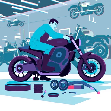 A motorcycle mechanic with short black hair and wearing a grease-stained blue jumpsuit is crouched over a sleek black motorcycle, intently working on the engine. Surrounding him are various motorcycle parts, including wheels, tires, and tools, all scattered across the concrete floor of a busy garage. Bright overhead lights illuminate the scene, highlighting the mechanic's focused expression and the intricate details of the bike. In the background, there are additional motorcycles on lifts and a wall cluttered with tools, emphasizing the bustling atmosphere of the garage.