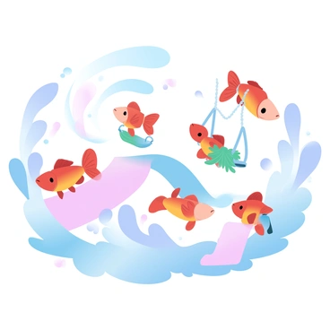 A group of goldfish is swimming around a miniature underwater playground. The playground features vibrant swings and slides made of colorful corals. One goldfish is sliding down a coral slide while another is playing on a swing made from seaweed. Small bubbles are rising from the fish as they explore their playful environment. The background is filled with gentle currents and aquatic plants swaying gracefully.