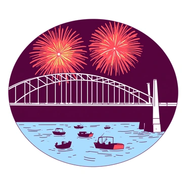 Fireworks exploding over a large bridge, with boats passing underneath