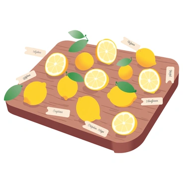 An array of different lemon varieties is displayed on a wooden table. Each lemon is distinct in size, shape, and shade, showcasing a range of yellow hues from pale to deep gold. The lemons are neatly arranged, and tags with their names are placed beside each variety, made from natural materials that complement the rustic feel of the table. The wooden table has a textured surface, highlighting the organic theme of the display. Soft light casts gentle shadows, enhancing the vibrant colors of the lemons.