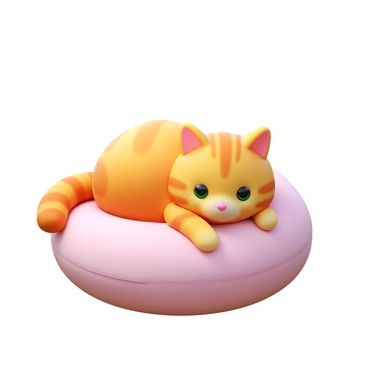 A fluffy cat lounging on a soft, plush pillow. The pillow is round and has a velvety texture, in a light pastel color. The cat is comfortably nestled into the pillow, with its body appearing relaxed and at ease. The scene highlights the way the cat’s fur slightly compresses the surface of the pillow beneath it. The cat has bright green eyes, and its tail is draped over the edge of the pillow. The overall composition focuses on the cat's position and the interaction of its weight with the pillow's surface.