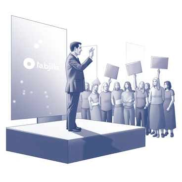A speaker stands confidently on a stage, passionately engaging with an attentive crowd. The speaker has one hand raised, emphasizing a point, while the other hand rests on the podium. The stage is adorned with large banners displaying various slogans. The crowd is a diverse group of individuals, some holding signs and all focused on the speaker. In the background, there are bright lights illuminating the scene, enhancing the energy of the rally.
