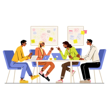 A conference table surrounded by a diverse team of coworkers engaged in a brainstorming session. There are four individuals seated at the table, each with different hairstyles and clothing styles. One person, a man with short black hair, is holding a notepad and jotting down notes. A woman with curly brown hair is raising her hand enthusiastically, while another woman with straight blonde hair is pointing at a laptop placed on the table. The fourth person, a man with glasses, is leaning forward, listening intently. Colorful sticky notes and pens are scattered across the table, creating a vibrant atmosphere of collaboration. A wall in the background is adorned with a whiteboard filled with colorful doodles and ideas.