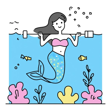 A mermaid with long flowing hair is performing hip thrust exercises underwater. She is using a coral barbell as her weight. Surrounding her are colorful corals and schools of small fish swimming by. The water is clear, allowing light to filter down, creating a vibrant atmosphere. The mermaid's tail is shimmering, showcasing iridescent scales that reflect the underwater light.