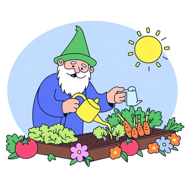 A nisse with a green pointed hat and a white beard is tending to a vibrant vegetable garden. The garden is full of various vegetables such as bright red tomatoes, green leafy lettuce, and orange carrots. The sun shines brightly in the clear blue sky, casting cheerful light across the garden. The nisse is holding a small watering can, gently watering the plants. Surrounding the garden are colorful flowers adding to the lively scene.