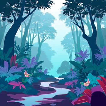 A vibrant rainforest landscape filled with dense, green foliage and towering trees. Exotic plants with large leaves and colorful flowers grow abundantly throughout the scene. The ground is covered in rich, dark earth and scattered rocks, while small streams run through the undergrowth, reflecting the soft light. The early morning mist weaves through the trees, giving the entire scene a hazy, mystical quality. Occasional rays of sunlight break through the canopy, illuminating patches of the forest floor and highlighting the intricate details of the leaves and flowers.