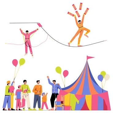 A colorful circus scene with a big top tent in the background. Acrobats in bright, sparkly costumes are performing high above the ground. One acrobat balances on a thin tightrope while holding several "KitKat bars" in both hands. Another acrobat performs a handstand on the shoulders of their partner, who is also juggling more "KitKat bars." Spectators in the foreground watch excitedly, with expressions of amazement on their faces. Balloons and streamers add to the festive atmosphere.