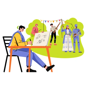 An illustrator sitting at a wooden table, sketching on a large sketchpad. The scene around them features actors in detailed period costumes, representing a historical event. The actors include a knight in shining armor, a lady in a flowing gown with intricate patterns, and a soldier with a musket. They are staged in a lush green park, with trees and banners in the background, as they interact with each other, capturing a moment from history. The illustrator's focused expression shows their engagement with the live scene.